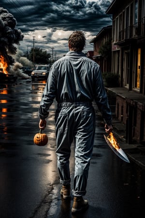 Michael Myers, facial  portrait, blue overall, walking through the sidewalk, small town, streets burning, light pumpkins though out the street, cloudy sky, lightning, full moon, butchers knife on one hand, from behind 