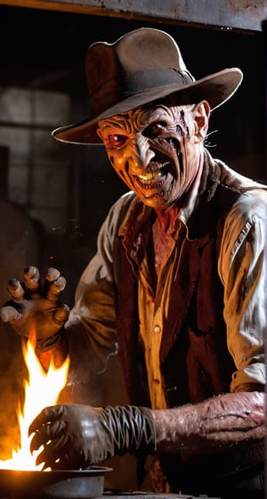 Freddy Krueger, facial  portrait, fedora hat, evil smile, shirt, wearing glove with five long claws on right hand, inside old warehouse, dim light, big rusty iron oven, faucets leaking, fire, from behind 