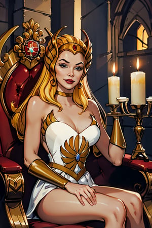 she-ra, facial portrait, sexy stare, smirked, sitting on big throne, inside castle Grayskull, candlelights, 