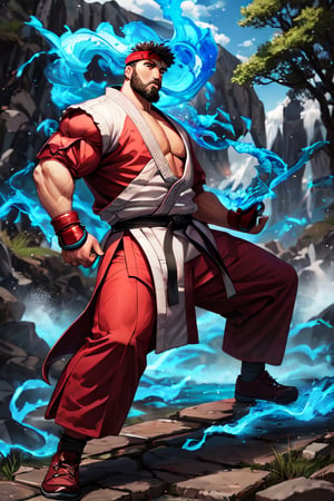 sfr1v, facial portrait, sexy stare, heavy beard, full body, karate stance, mountains, birds, trees, waterfall, throwing blue fire ball, screaming 