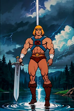He-man, facial portrait, sexy stare, smirked, full body, on top of hill, forest, lake, cloudy sky, lightning, ,he-man, holding sword of power up