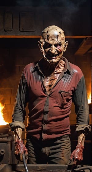 Freddy Krueger, facial  portrait, evil smile, shirt,wearing grove with long clows on right hand, inside old warehouse, dim light, big rusty iron oven, faucets leaking, fire
In your nightmare,