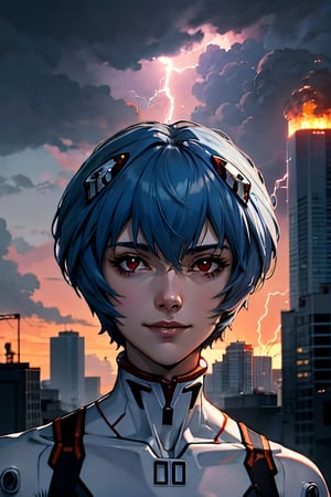 Neon Genesis Evangelion's Rei Ayanami, facial portrait, sexy stare, smirked, rei ayanami, fighting robots, futuristic buildings on fire, cloudy sky, lightning, 