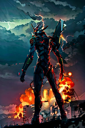 Neon Genesis Evangelion's, facial portrait,  futuristic buildings on fire, cloudy sky, lightning, evangelion mecha, from behind 