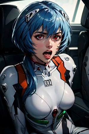 Neon Genesis Evangelion's Rei Ayanami, facial portrait, sexy stare, screaming, inside robot cockpit, fighting aliens, ,rei ayanami