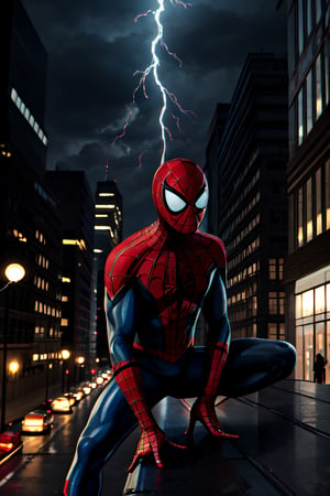 Spider-Man, facial portrait, crouched, On top  of the building, streets below, cars driving, crowds walking, cloudy sky, lightning ,spider-man costume