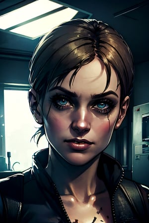 jill valentine (resident evil 5), facial portrait, sexy stare, smirked, inside lab, umbrella signs, zombies in the window