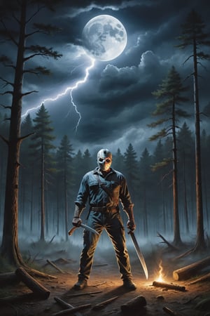Jason Voorhees, (holding machete), inside forest, cloudy sky, lightning, full moon, 
