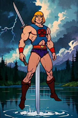 He-man, facial portrait, sexy stare, smirked, full body, on top of hill, forest, lake, cloudy sky, lightning, ,he-man, holding sword of power up