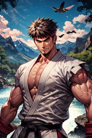 sfr1v, facial portrait, sexy stare, smirked, fighting stance, mountains, birds, trees, waterfall, hodoken