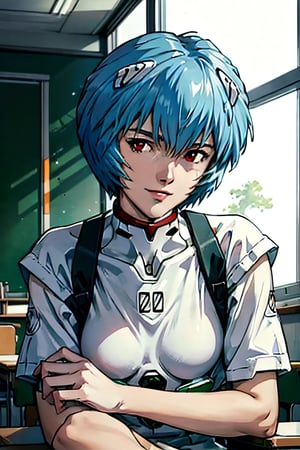 Neon Genesis Evangelion's Rei Ayanami, facial portrait, sexy stare, smirked, inside classroom, sitting alone, ayanamirei