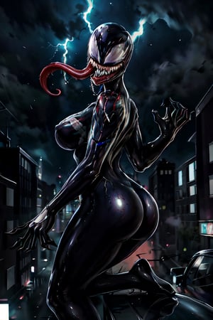 Venom, facial portrait, On top  of the building, streets below, cars driving, crowds walking, cloudy sky, lightning , venom, butt shot ,symbiote