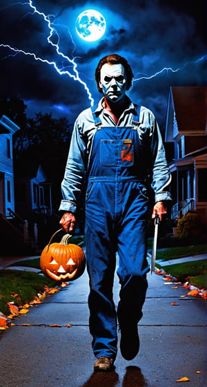 Michael Myers, facial  portrait, blue overall, walking through the sidewalk, small town, streets burning, light pumpkins though out the street, cloudy sky, lightning, full moon, butchers knife on one hand, 