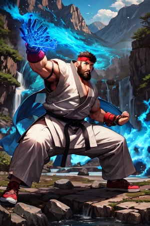 sfr1v, facial portrait, sexy stare, heavy beard, full body, karate stance, mountains, birds, trees, waterfall, throwing blue fire ball, screaming 