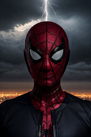 Photorealistic, Spider-Man, facial portrait, on top of building, city below, cloudy sky, lightning, planes flying around, venom lurking, 