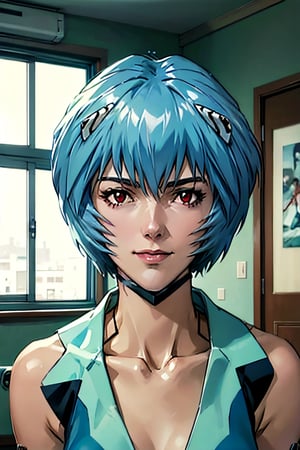 Neon Genesis Evangelion's Rei Ayanami, facial portrait, sexy stare, smirked, inside room, dark, ,ayanamirei