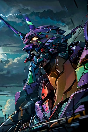 Neon Genesis Evangelion's, unit 01, facial portrait,  futuristic buildings, cloudy sky, lightning, evangelion mecha, ,evangelion anime style,evangelion mecha,EVAGOD