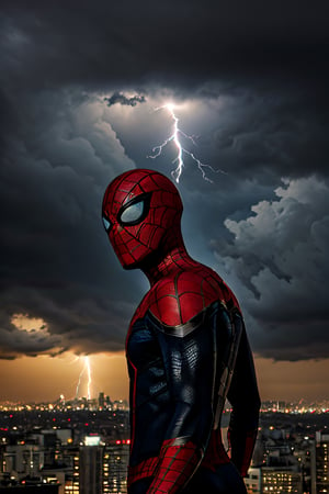 Photorealistic, Spider-Man, facial portrait, on top of building, city below, cloudy sky, lightning, birds flying around, planes, 