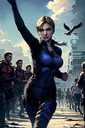 jill valentine (resident evil 5), facial portrait, sexy stare, smirked, running through african village, crowds, cloudy sky, birds, 