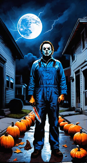 Michael Myers, facial  portrait, blue overall, inside the sidewalk, small town, streets burning, light pumpkins though out the street, cloudy sky, lightning, full moon, butchers knife on one hand, 