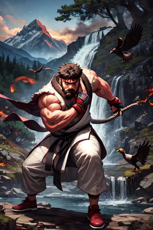 sfr1v, facial portrait, sexy stare, heavy beard, full body, fighting stance, mountains, birds, trees, waterfall, throwing fire ball, screaming 