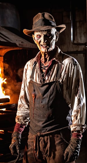 Freddy Krueger, facial  portrait, evil smile, shirt,wearing grove with long clows on right hand, inside old warehouse, dim light, big rusty iron oven, faucets leaking, fire
In your nightmare,