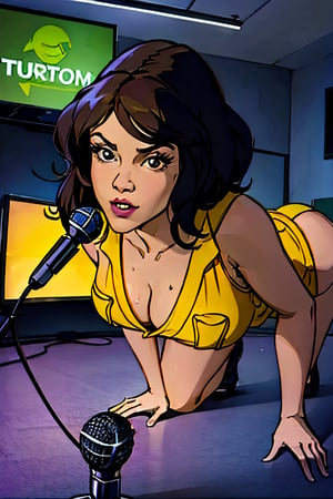 april o'neil, facial portrait, sexy stare, full body, sexy  pose, inside newsroom, cameras, teleprompter, microphone, ninja turtles, 