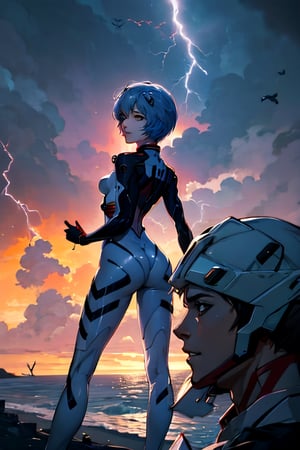 Neon Genesis Evangelion's Rei Ayanami, facial portrait, sexy stare, smirked, on top of orange robot, near shoreline, birds flying around, cloudy sky, lightning ,rei ayanami, butt shot 