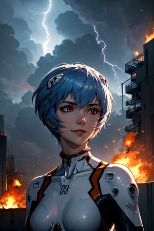 Neon Genesis Evangelion's Rei Ayanami, facial portrait, sexy stare, smirked, rei ayanami, fighting robots, futuristic buildings on fire, cloudy sky, lightning, 