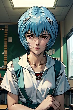Neon Genesis Evangelion's Rei Ayanami, facial portrait, sexy stare, smirked, inside classroom, sitting alone, ayanamirei