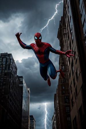 Photorealistic, Spider-Man, facial portrait, swinging through the buildings, streets below, cars driving, crowds walking, cloudy sky, lightning ,spider-man costume