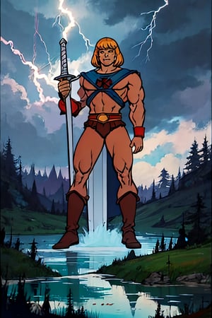 He-man, facial portrait, sexy stare, smirked, on top of hill, forest, lake, cloudy sky, lightning, ,he-man, full body, sword of power on hand