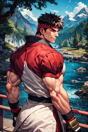 sfr1v, facial portrait, sexy stare, smirked, fighting stance, mountains, birds, trees, waterfall, hodoken, from behind 
