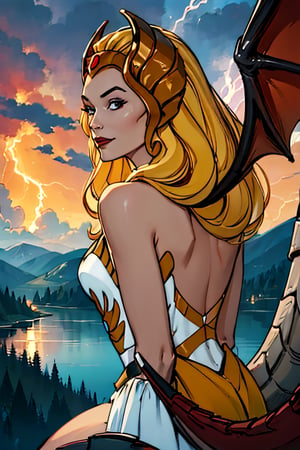 she-ra, facial portrait, sexy stare, smirked, from behind, on top of  hill, looking down forest, lake, dragons flying around, cloudy sky, lightning 