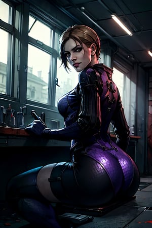jill valentine (resident evil 5), facial portrait, sexy stare, smirked, sitting, Spreading legs, inside lab, umbrella signs, zombies in the window, butt shot, guns