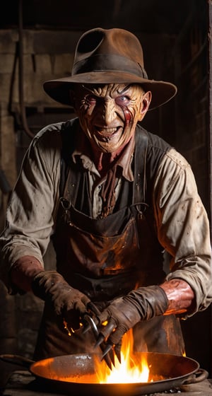 Freddy Krueger, facial  portrait, fedora hat, evil smile, shirt, wearing glove with five long claws on right hand, inside old warehouse, dim light, big rusty iron oven, faucets leaking, fire, 