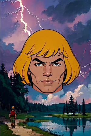 He-man, facial portrait, sexy stare, smirked, on top of hill, forest, lake, cloudy sky, lightning, ,he-man, from behind 