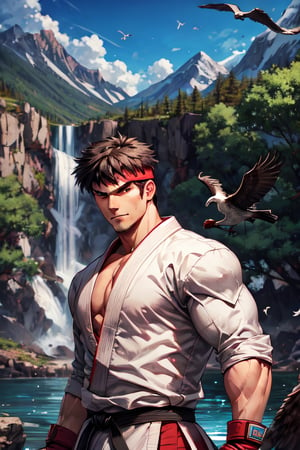 sfr1v, facial portrait, sexy stare, smirked, fighting stance, mountains, birds, trees, waterfall, hodoken