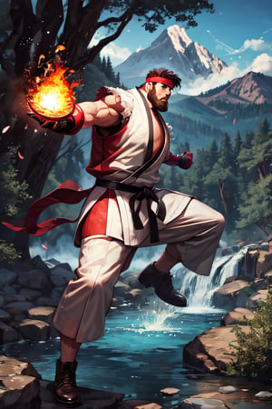 sfr1v, facial portrait, sexy stare, heavy beard, full body, fighting stance, mountains, birds, trees, waterfall, throwing fire ball, screaming 