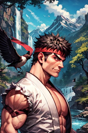 sfr1v, facial portrait, sexy stare, smirked, fighting stance, mountains, birds, trees, waterfall, hodoken