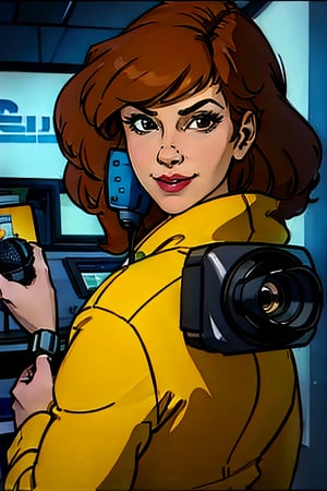 april o'neil, facial portrait, sexy stare, smirked, inside newsroom, cameras, teleprompter, crowd, microphone, butt shot 