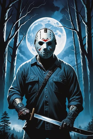 Jason Voorhees, facial portrait,  (holding machete), inside forest, cloudy sky, lightning, full moon, 