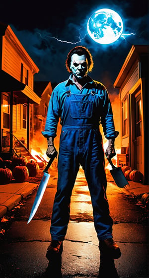 Michael Myers, facial  portrait, blue overall, inside the sidewalk, small town, streets burning, light pumpkins though out the street, cloudy sky, lightning, full moon, butchers knife on one hand, 