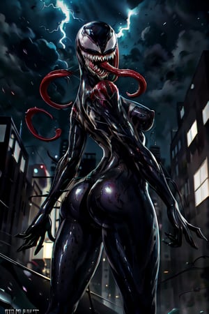Venom, facial portrait, On top  of the building, streets below, cars driving, crowds walking, cloudy sky, lightning , venom, butt shot ,symbiote