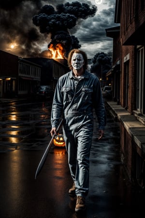 Michael Myers, facial  portrait, blue overall, walking through the sidewalk, small town, streets burning, light pumpkins though out the street, cloudy sky, lightning, full moon, butchers knife on one hand