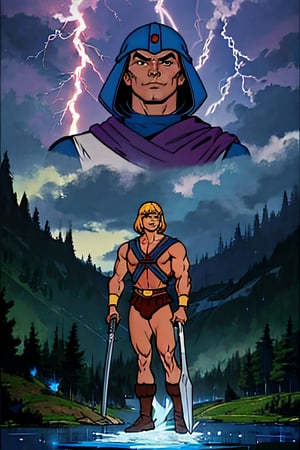 He-man, facial portrait, sexy stare, smirked, on top of hill, forest, lake, cloudy sky, lightning, ,he-man, full body, sword of power on hand
