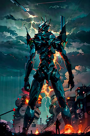 Neon Genesis Evangelion's, facial portrait,  futuristic buildings on fire, cloudy sky, lightning, evangelion mecha, from behind 