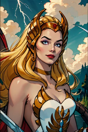 she-ra, facial portrait, sexy stare, smirked, on top of  hill, looking down forest, lake, dragons flying around, cloudy sky, lightning, holding her sword of power