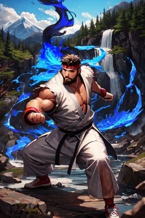 sfr1v, facial portrait, sexy stare, heavy beard, full body, karate stance, mountains, birds, trees, waterfall, throwing blue fire ball, screaming 