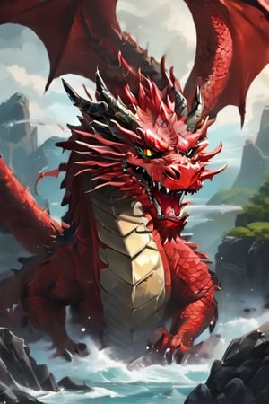 Black Dragon, Red Wings, evil, Demon Dragon, It stands on the black rocks, lunar